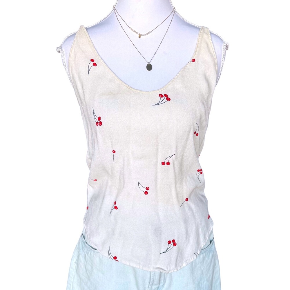 Reformation Cherry Top Scoop Neck Tank Blouse Cream Fruit Pattern Small